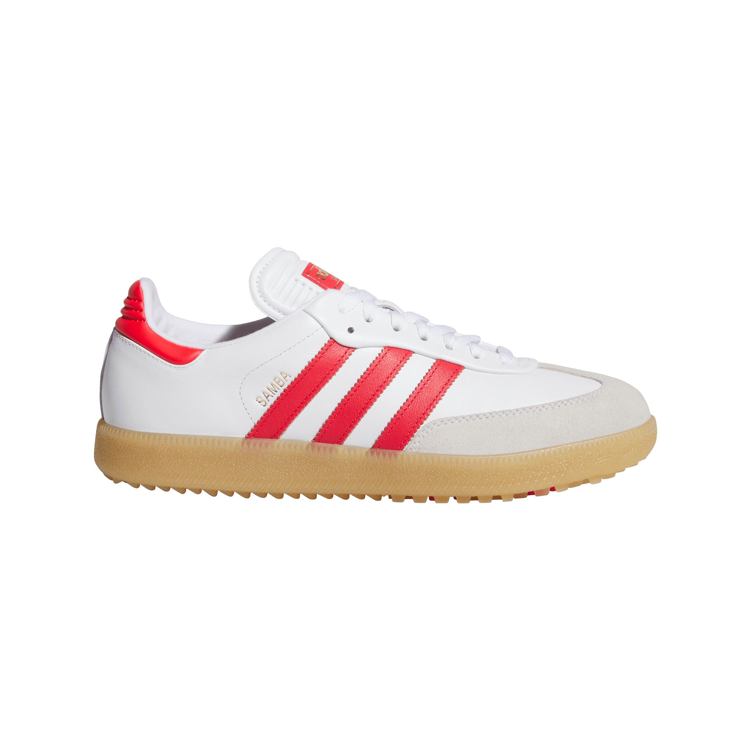 ADIDAS SAMBA GOLF- WHITE/ RUBY RED & GUM3 SOLE