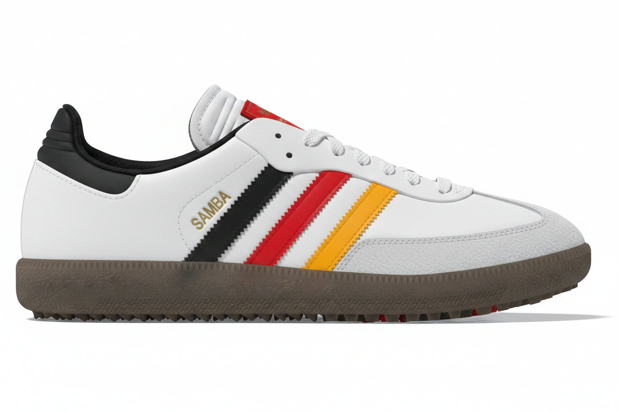 ADIDAS SAMBA GOLF- WHITE/ YELLOW/ RUBY RED/ BLACK & GUM3 SOLE