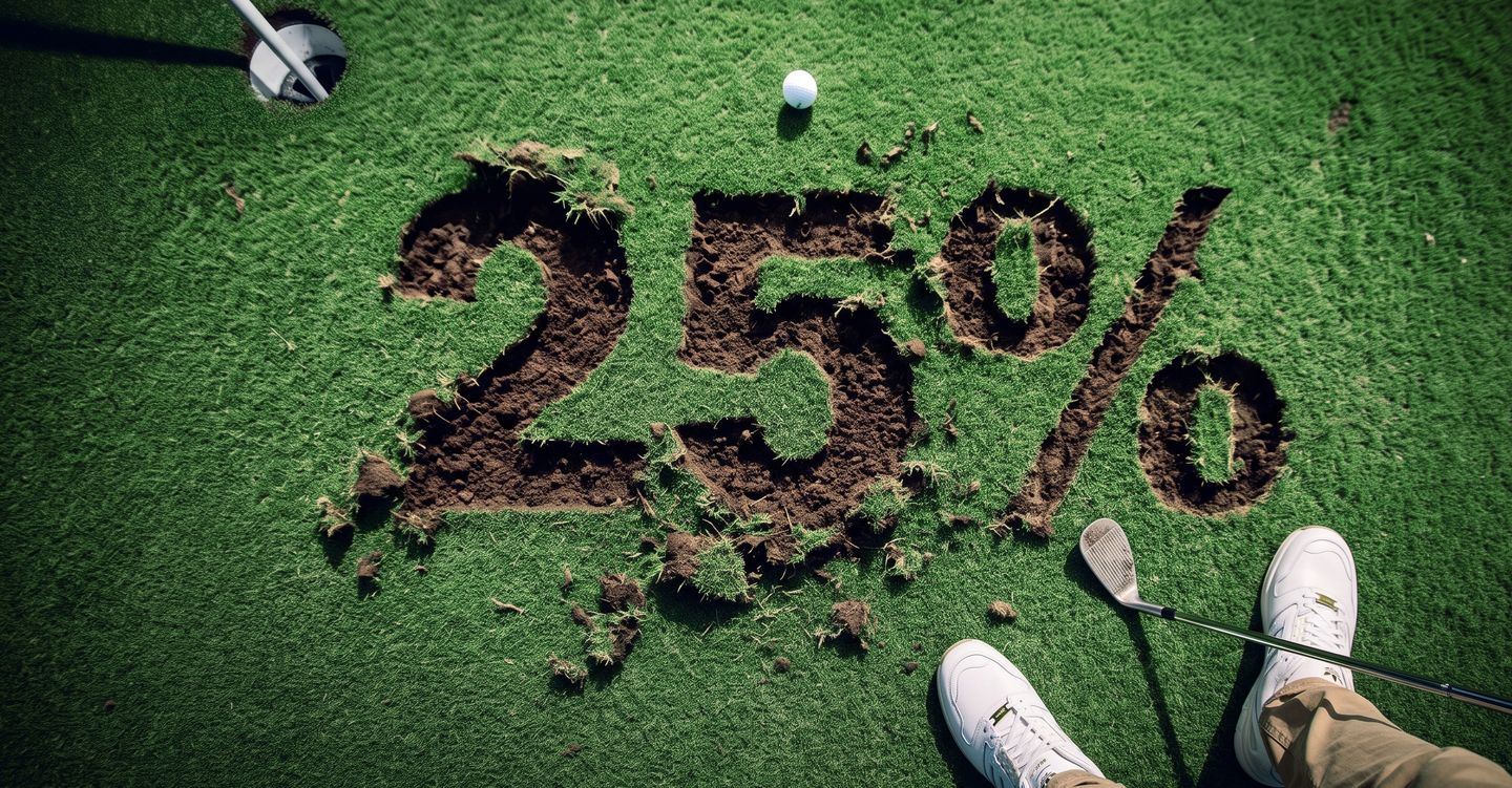 25% carved as divots into golf-course turf beside a golfer’s shoes
